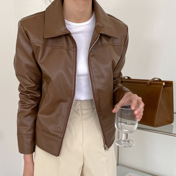 送料0円! 韓ファッション + 感性豊かなカラージップアップレザーレザーレザージャケット(outer1182)