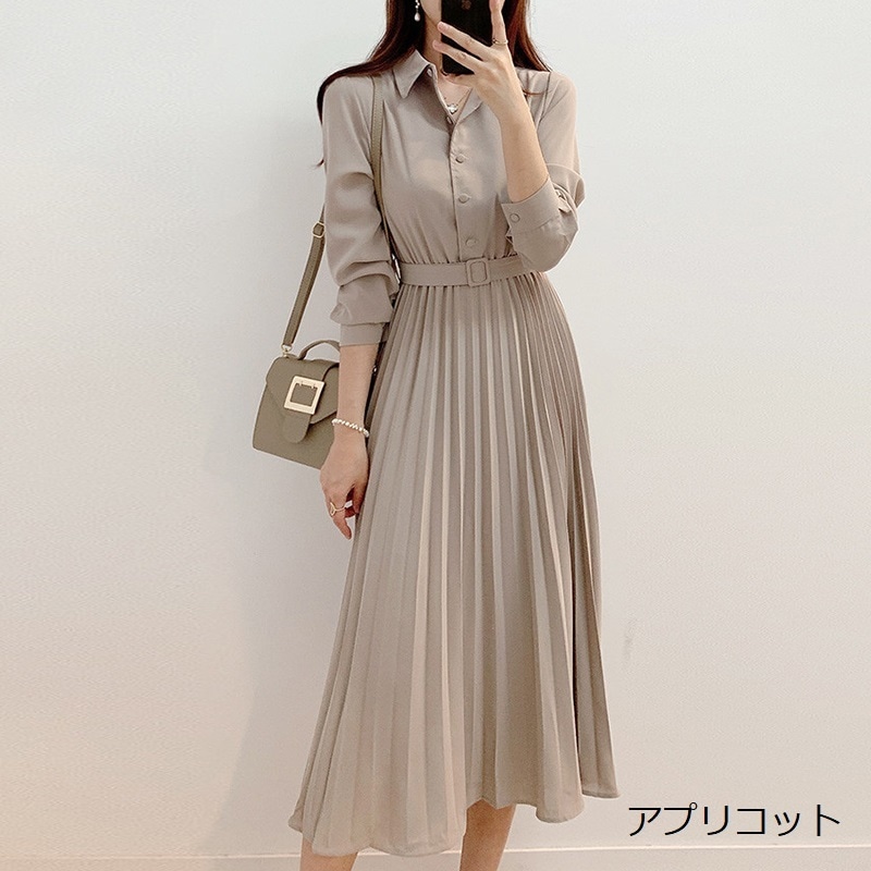 ワンピース シャツワンピース ワンピドレス 膝下 ミディアム丈 袖あり 長袖 襟付き スリム 細身 Aライン プリーツ ベルト ウエストマーク かわいい 大人可愛い きれいめ シンプル 大人 上品