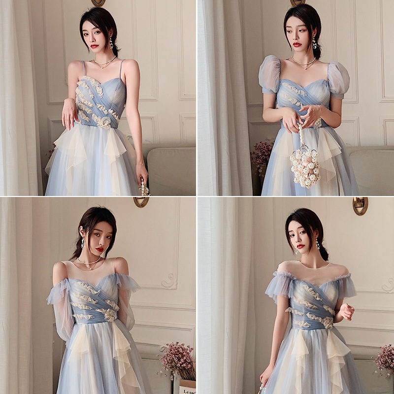 青い花嫁介添人ドレス2024新しい秋の妖精の気質親友姉妹グループ女性がスリムに見えるミドル丈の宴会ドレススカート 5,786円