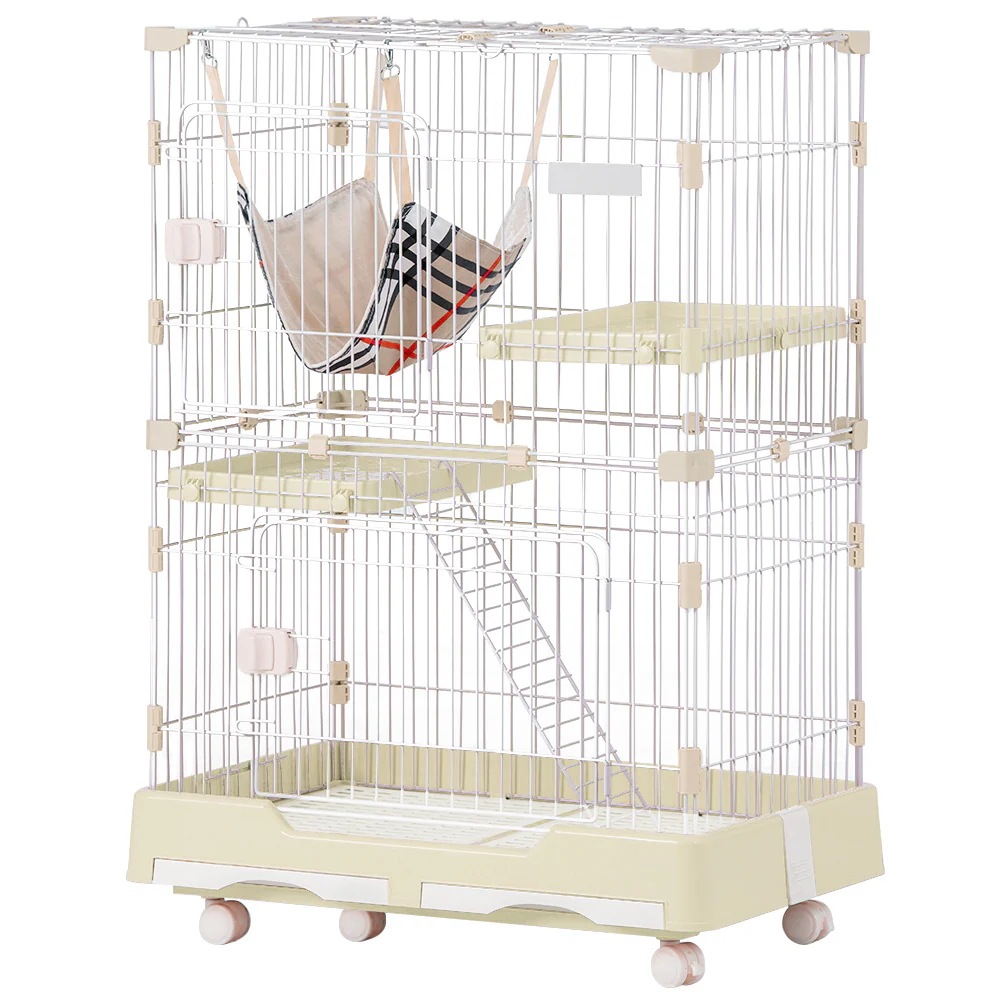 キャットハウス 保護 (2段 クリームイエロー) ネコドア 大型 ペットケージ 猫ゲージ 1段2段可能 D猫 留守番 おしゃれ キャットケージ ケージ 多頭飼い キャスター付 脱走防止