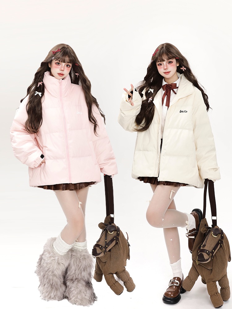 2025秋冬 ふっくら中綿 あたたかい冬 韓国防寒あったか暖かいかわいい厚手アウタートレンド羽織るハイネックファッション系大人ゆったりカジュアルストリートスタンドネックにサイズ丈シルエットレディース黑