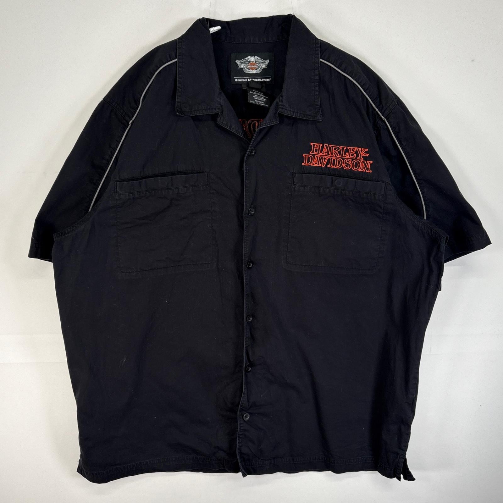 古着 半袖シャツ ワーク モーターカルチャー 両面 刺繍 ロゴ スカル XL ブラック メンズ