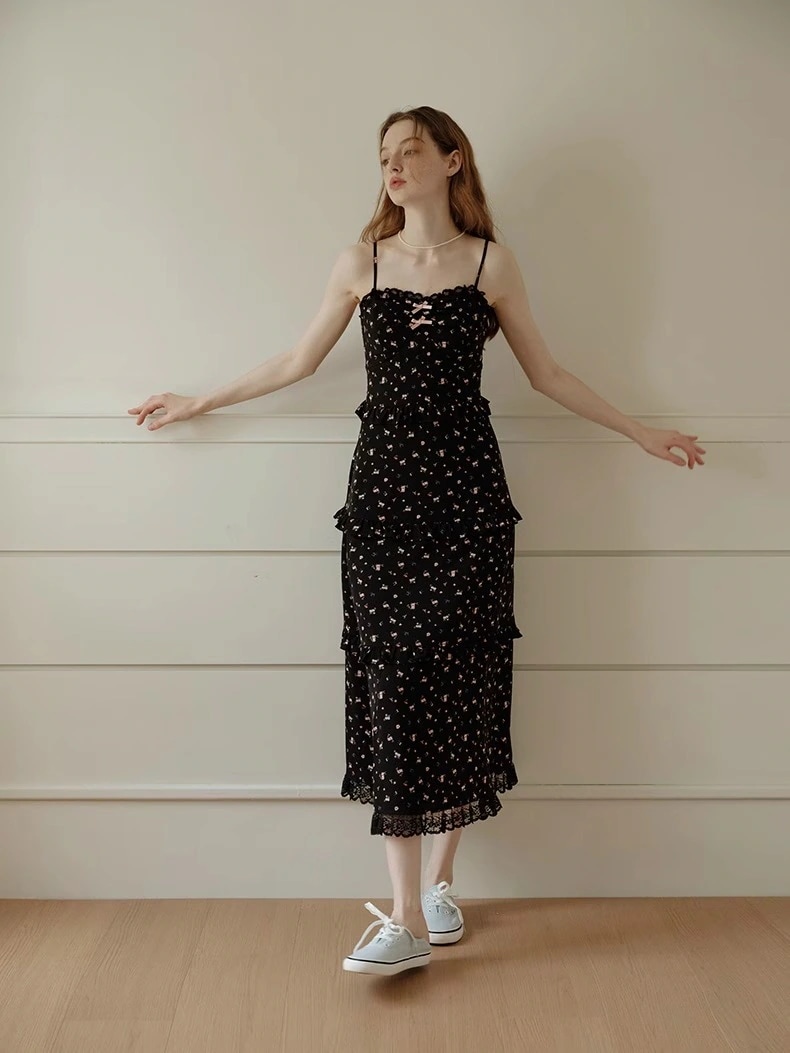 フラワー フリル・ラッフル オフショルダー 袖なしロング・マキシ丈ワンピ [ブラック]
