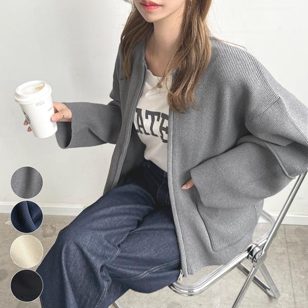 ニット カーディガン ブルゾン ランタンスリーブ オフィスカジュアル カジュアル シンプル 上品 大人可愛い 韓国 ファッション / ランタンスリーブブルゾン