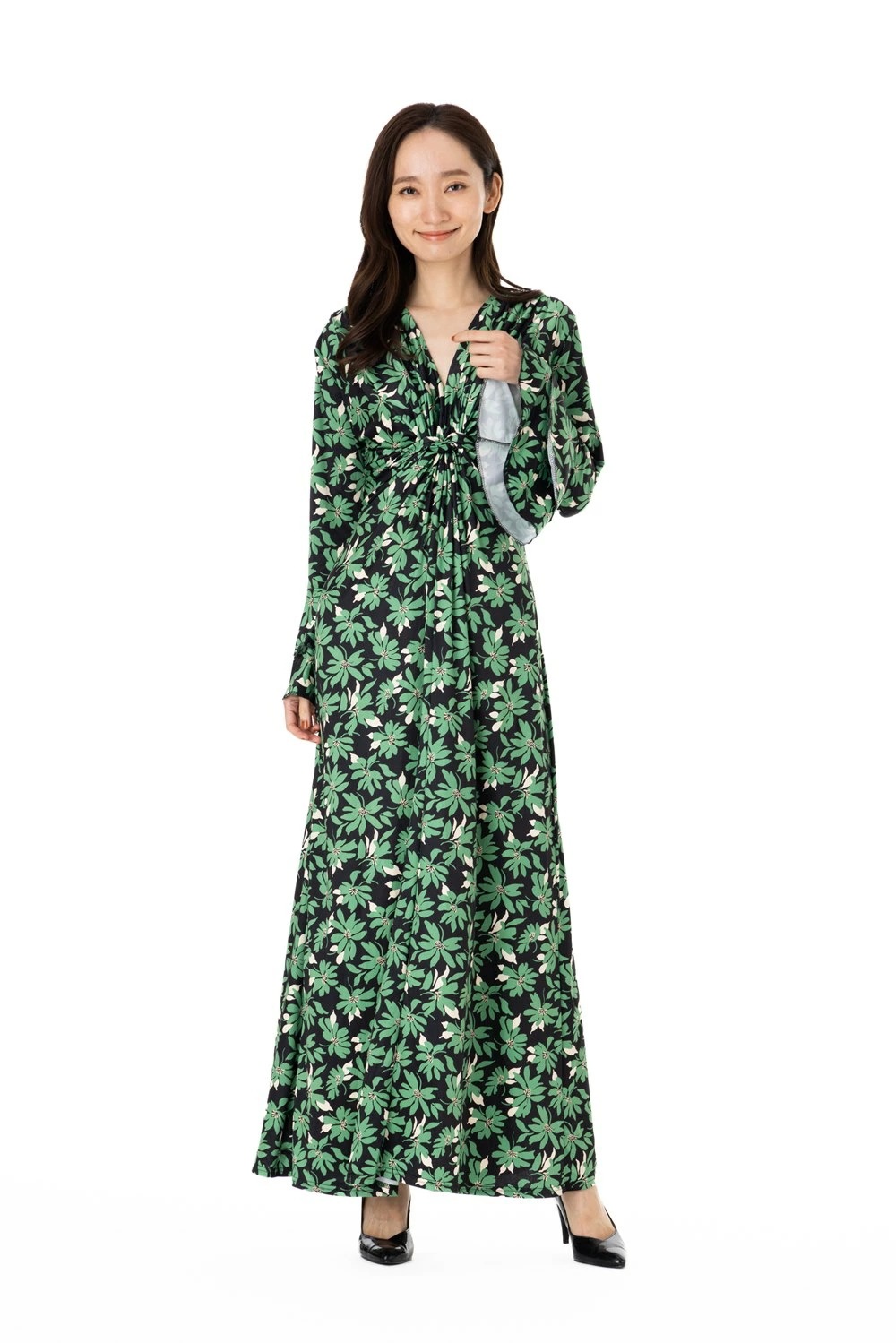 フィフィーユ(FIFILLES)ワンピース T1 T2 T3サイズ 長袖 ロングワンピース Vネック 花柄 レディース フランス製 　 ワンピース 大人 上品 エレガント グリーン