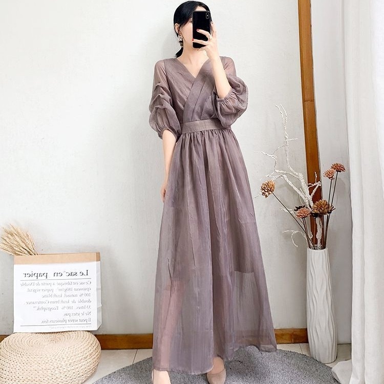 ワンピース ロングワンピース 長袖 ボリューム袖 Vネック ウエストマーク セミフレア ロング丈 シースルー 透け感 かわいい 大人可愛い きれいめ シンプル 上品 おしゃれ きちんと 大人女子