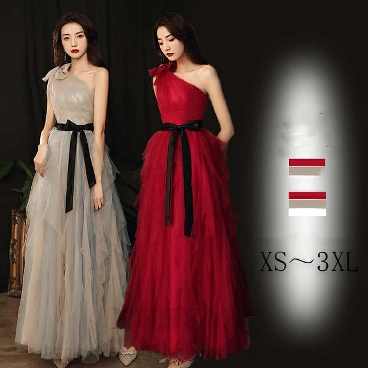 演奏会 ロングドレス 演奏会用ドレス カラードレス 着痩せ 体型カバー リボン 白 グレー赤 ロングドレス レッド 発表会 大人 高校生 中学生 ピアノ コンクール ステージ衣装 大きいサイズ ピアノ