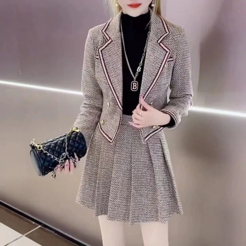 ハイエンドのカスタマイズ-カレッジスタイルスーツプリーツスカートツーピースセット女性の 2025 新作春秋小さなドレスジャケット韓国ドラマファッションスーツ