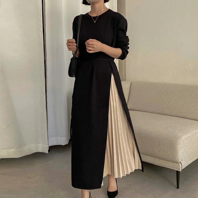 春のワンピース日系 春 長袖 ニット ワンピース フェイクレイヤード ロングスカート カジュアル おしゃれ30%制限