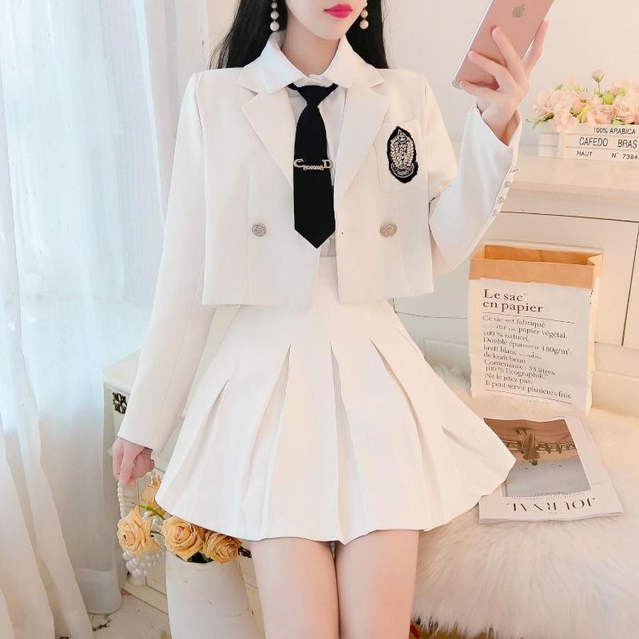 【急速出荷!】オールインワンセットアップセットアップQoo10限定 制服スーツJKブレザープリーツスカートスカート春と秋のプロ服気品 2点セット