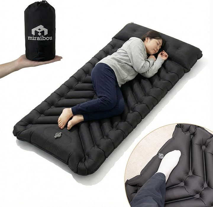 エアーマット シングル 230x70x10cm 足踏み式 枕付き 収納袋付き 軽量 コンパクトエアーベッド エアベッド キャンプマット アウトドア (ブラック, スモールシングル)