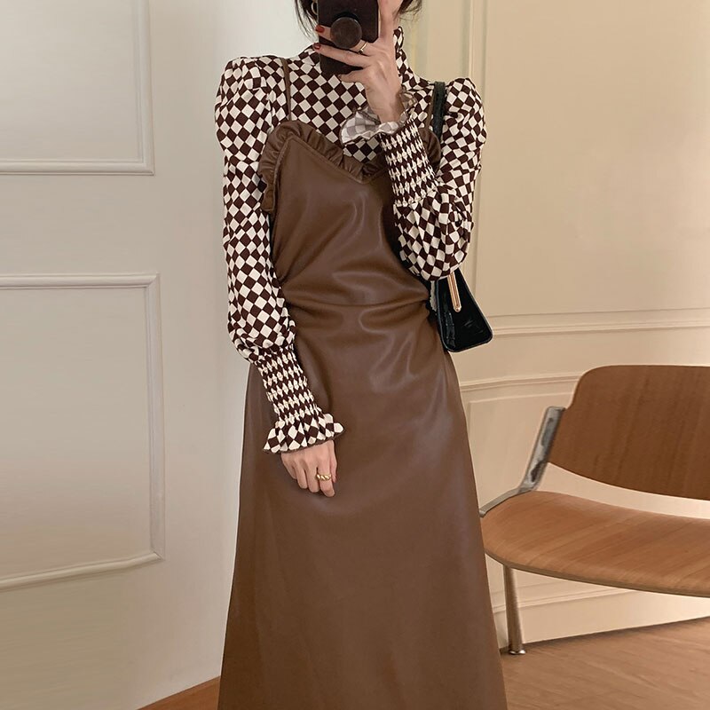 団体購入10点セット韓国ファッション セットアップ　レディース スウェット上下セットの復古の優雅なタートルネックの修身のチェッカーの格のボトムTシャツ+キクラゲの辺PU皮のキャミソールのワンピース女