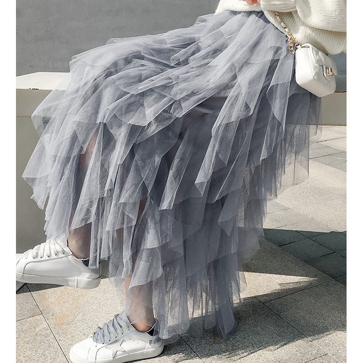 【1つ買うと10つ無料】ヘビークラフトマンシップ波状不規則なレイヤーケーキスカートメッシュふわふわスカートハイウエストロングスカート