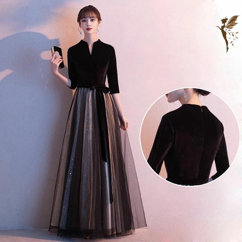 パーティードレス 結婚式 ワンピース longdress ロングドレス Ｖネック ワンピース 袖あり ウエディング ドレス 二次会 花嫁 ブライズメイド お呼ばれ ワンピース エンパイア