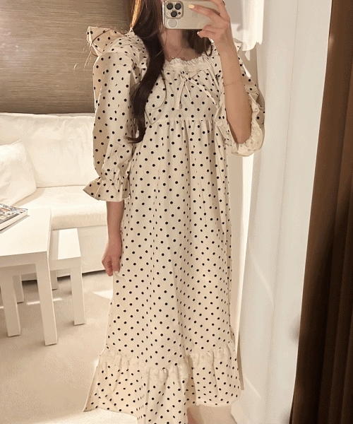 [きれい保障] ホームウェア 純綿100% ドット フリル ワンピース パジャマ