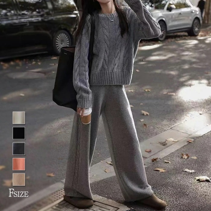 セットアップ レディース 秋冬 ニット 2点セット リブニット パンツ セーター ロング丈パンツ 無地 重ね着 ニットセーター 長袖 秋 冬 ワイドパンツ ゆったり きれいめ 上下セット ファッショ
