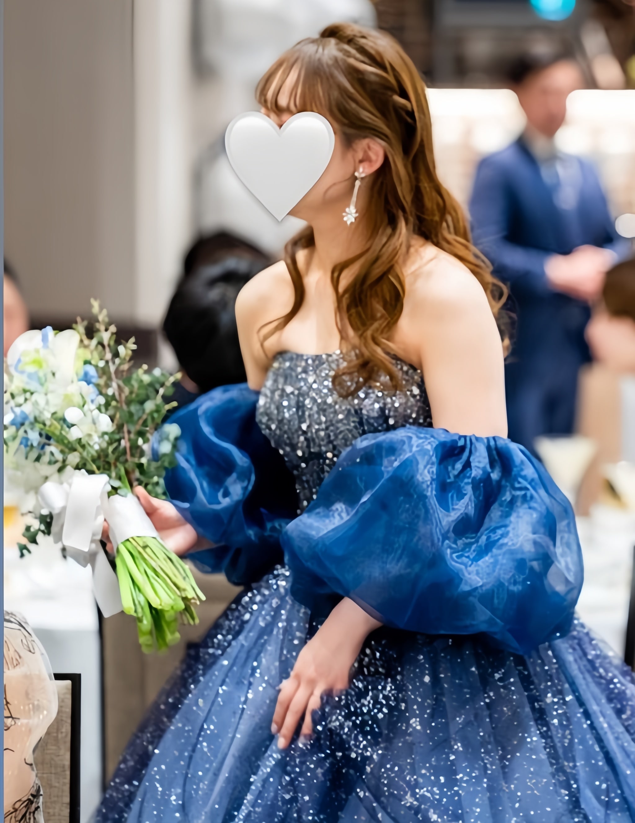 実例写真！パフスリーブ 取り外し袖 ネイビー ストレッチ 上質オーガンジー 可愛い 色直し 花嫁