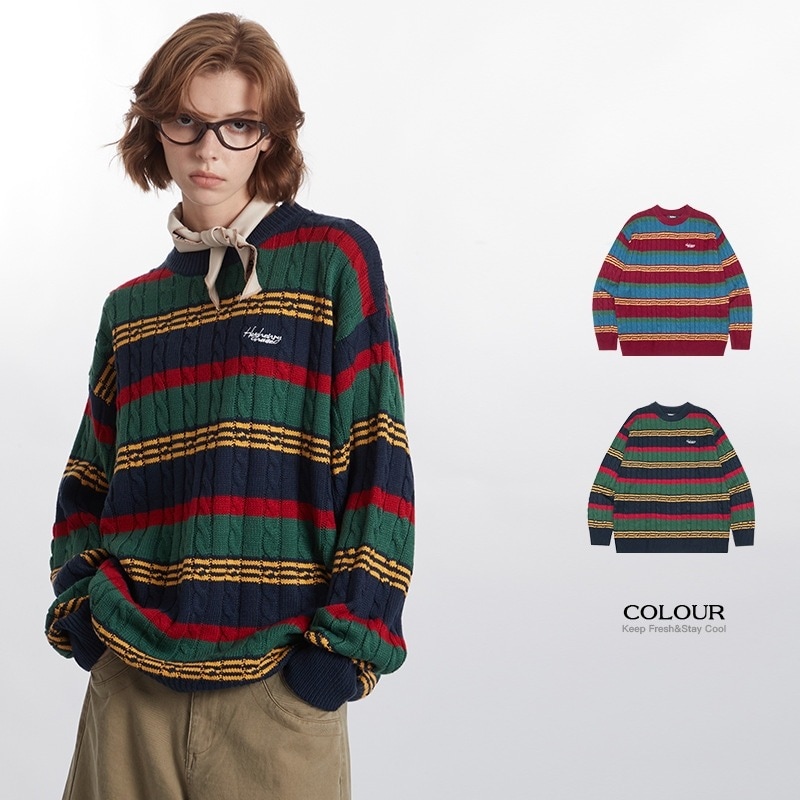 人気なリブニットメンズ欧米ストライプ多色セーターカジュアルレトロなカップルのニットはゆったりとしていて秋冬です30%制限 5,266円