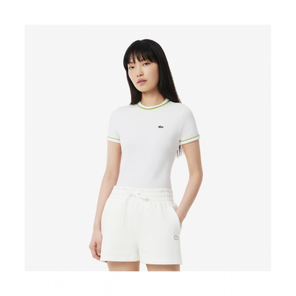 LACOSTE レディース ダブルパイピング スリムフィット ジャージ Tシャツ [ホワイト]