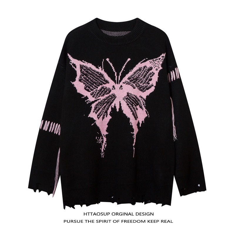 蝶ジャカードホールラウンドネックセーターメンズ怠惰なルーズカップルトップス