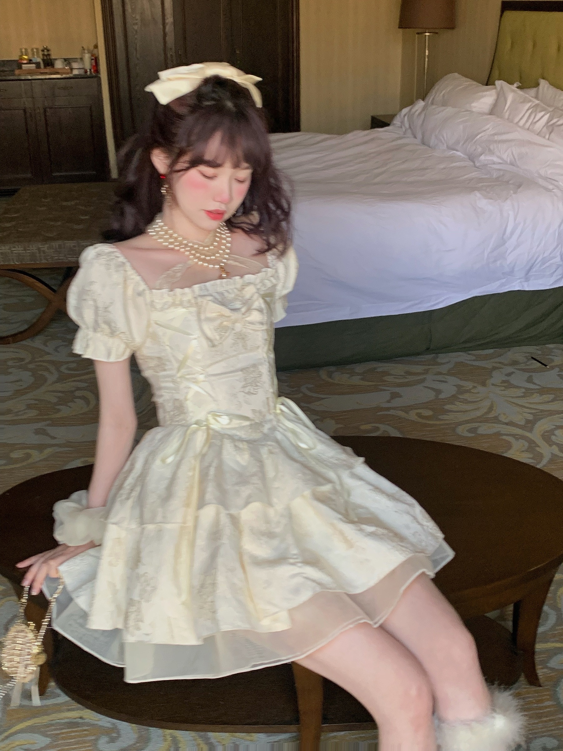 コスプレドレスドレス森ガールはビーチに行きたいちょっと幸運な優しい気質白リボンショートスカート森姫ドレス