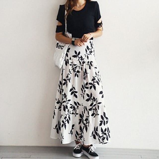 2018 NEW モノトーンリーフ柄マキシスカート ロング丈 フレアスカート カジュアル ペプラム fh0089