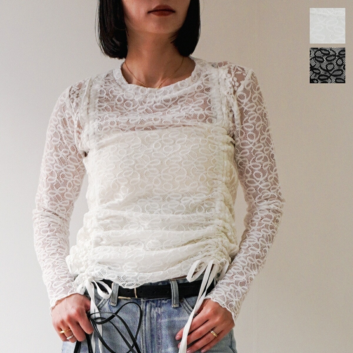 MONiLE モニーレ ブラウス 002739 レディース レース メッシュ ギャザー 刺繍 長袖 カラー2色