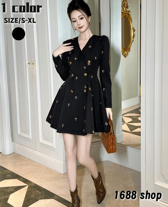 高評価多数2025 タイトワンピース 姫系ワンピース　シンプル　ワンピース インポート ひざ丈 ミドル丈 エレガント　韓国ファッション シンプル Vネック パーティドレス 長袖　お嬢様 セクシー ミニ