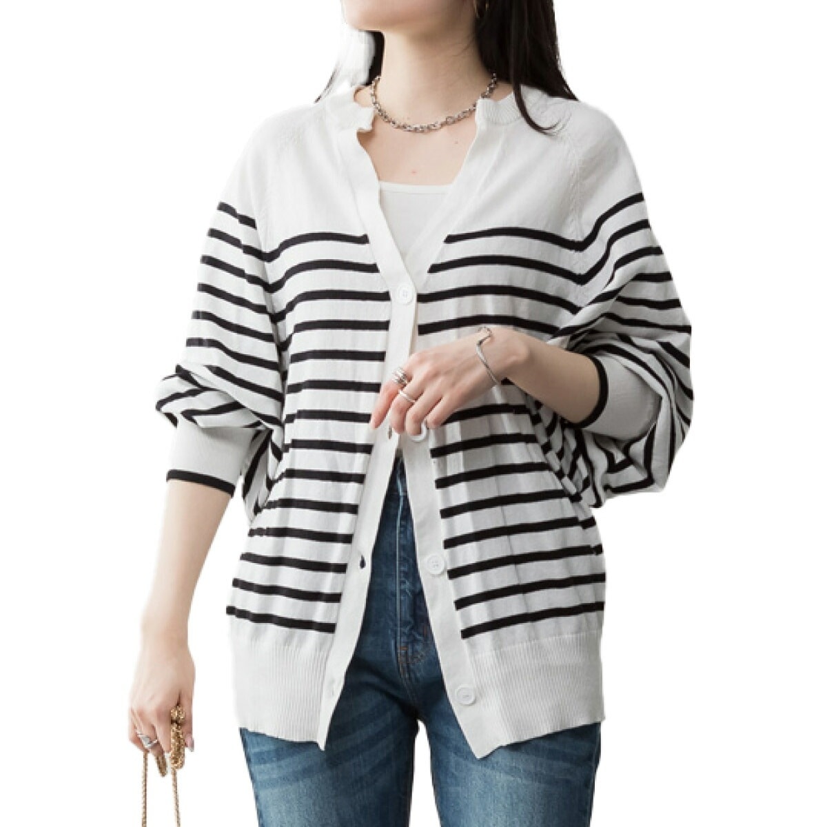 ボーダー カーディガン キーネック ドルマン レディース 羽織り ニット セーター ニットカーデ コットン100％ 大きいサイズ M-L LL-3L 4L-5L 体型カバー ぽっちゃり 大人カジュアル
