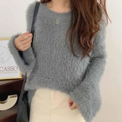 シャギーニット シャギートップス キャメル グレー ほわほわ ふわふわ プルオーバー 長袖 ルーズ 韓国 レディース かわいい 可愛い 大人可愛い 大人女子 きれいめ