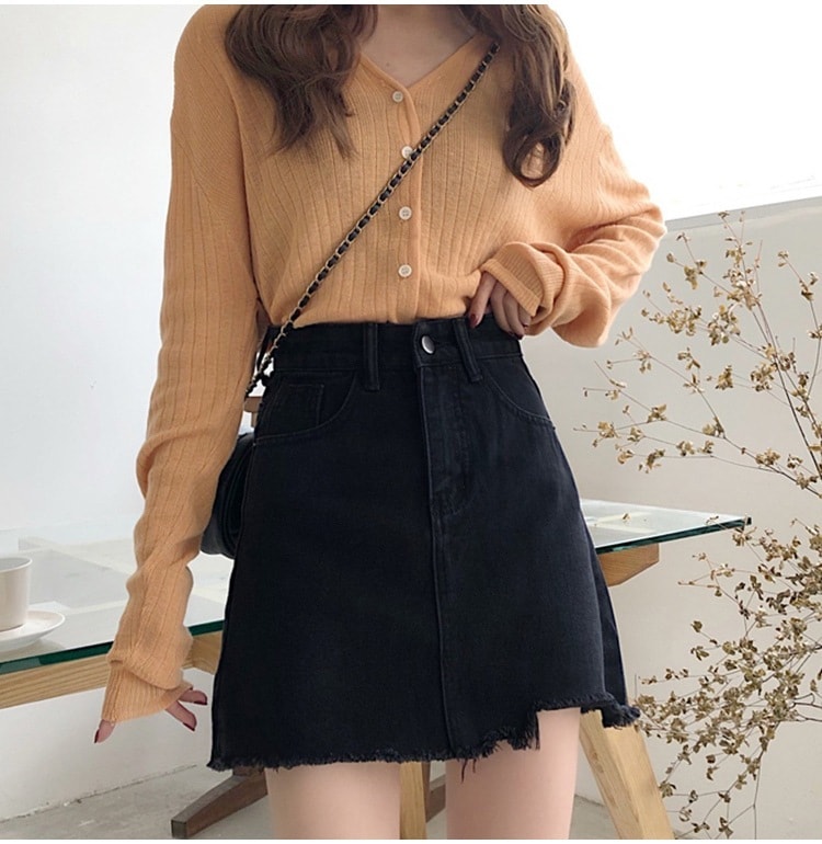 ダメージ加工 ショートデニム カジュアルデニム 切りっぱなし加工 スカート ボトムス ミニスカート デニムスカート ミニ ミニ丈 ショート ショート丈 スリム Aライン スマート ポケット