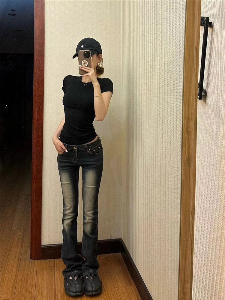 春秋向けのアメリカンレトロなスモールストレートローウエストジーンズ女性用長身向けスリムスリムロングパイプパンツ