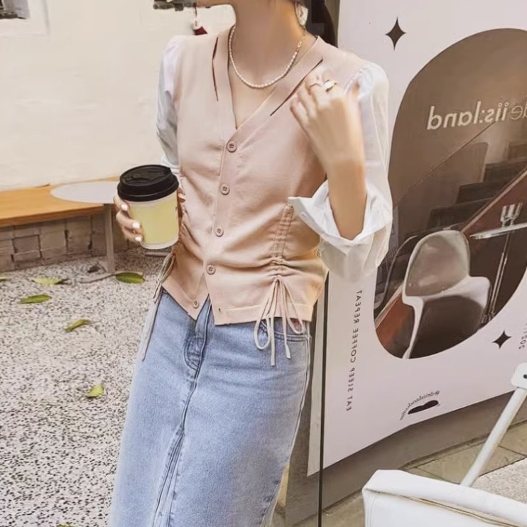 トップス カーディガン 羽織り レギュラー丈 袖あり 長袖 ボタン袖 Vネック 襟なし ノーカラー ストレート 切り替えデザイン 2way バイカラー 配色 ドロスト 絞り ニット 異素材MIX