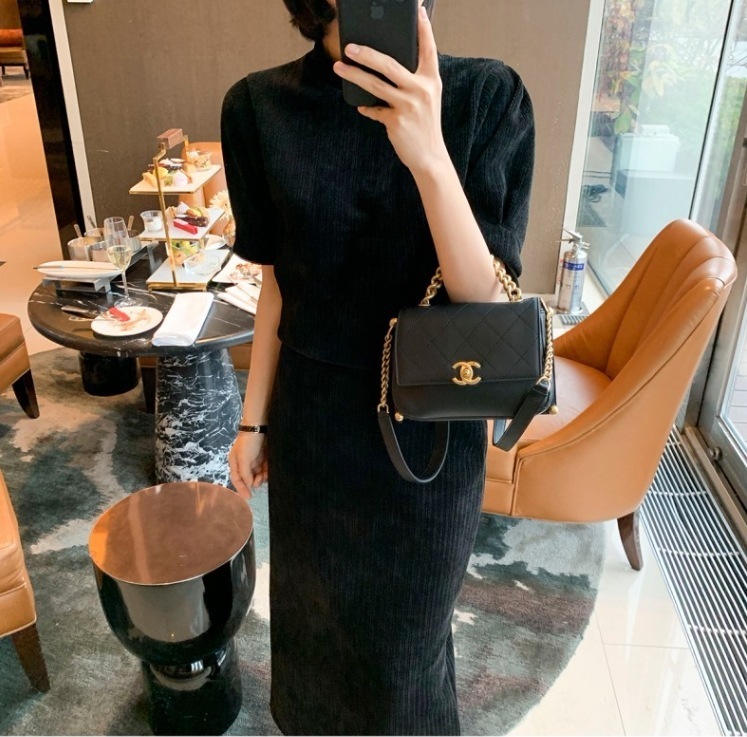 上下セットアップ パフスリーブトップス コクーンスカート トップス スカート プルオーバー コクーンスカート ロング ロング丈 7分丈 ミディアム丈 半袖 ハイネック スリム 細身 ストレート