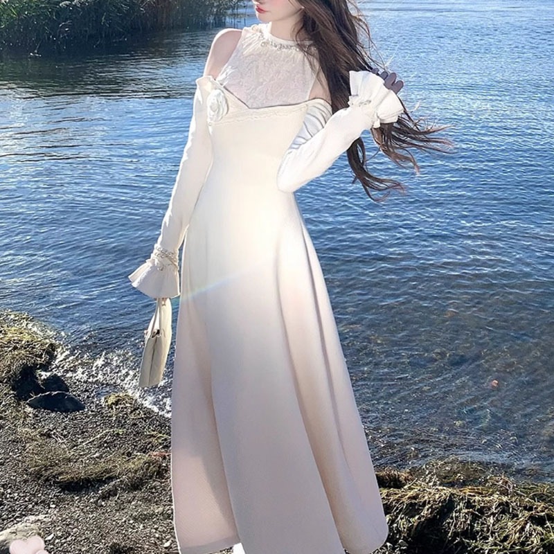 【京都ミス】金持ちのお嬢様レース継ぎオフショルダードレスレディース秋冬立体フラワービーズスカート