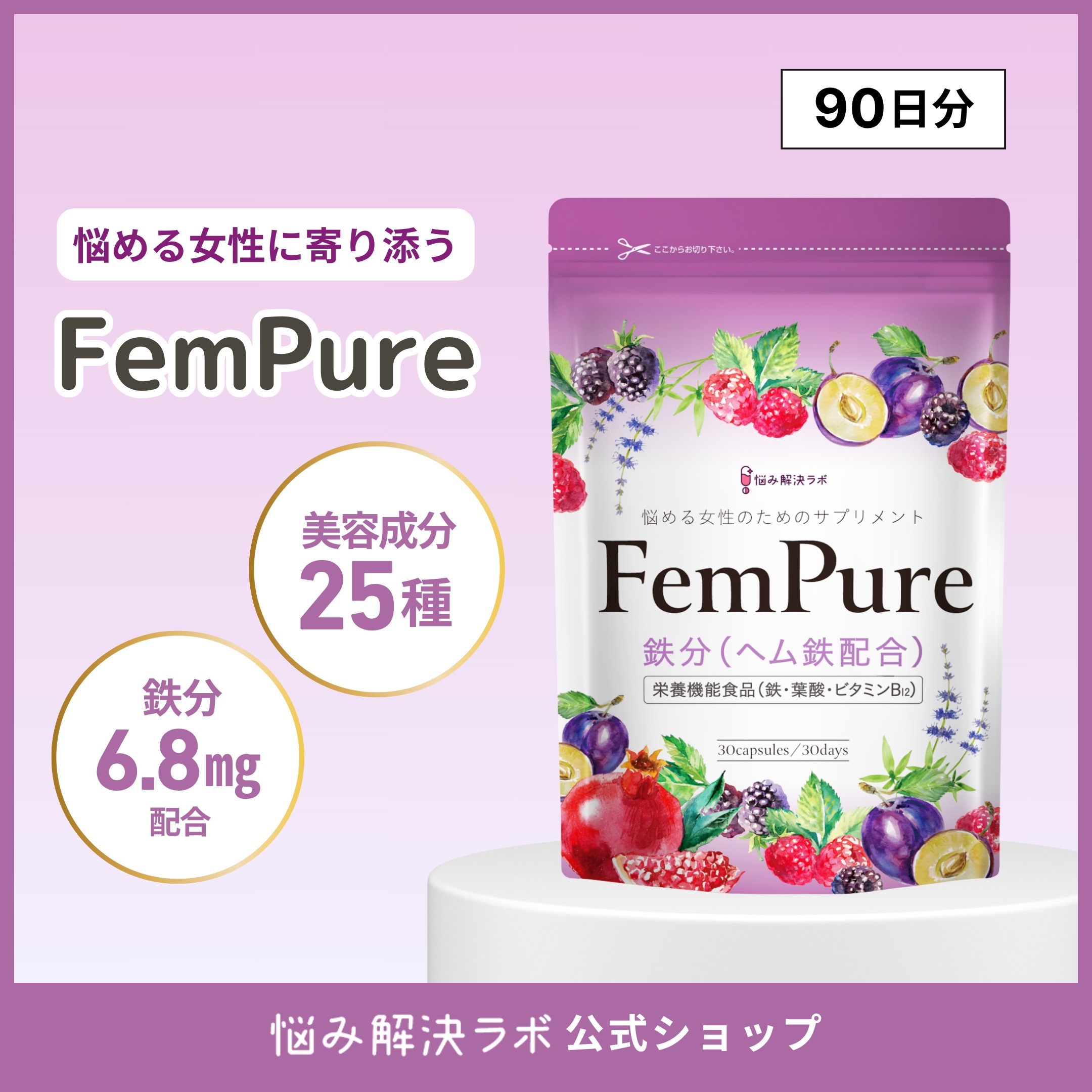 【鉄分 葉酸 美容成分 贅沢配合】ヘムピュア ヘム鉄 鉄分 6.8mg 葉酸 200μg 栄養機能食品基準量配合 90日分 鉄分サプリ 亜鉛 美容成分