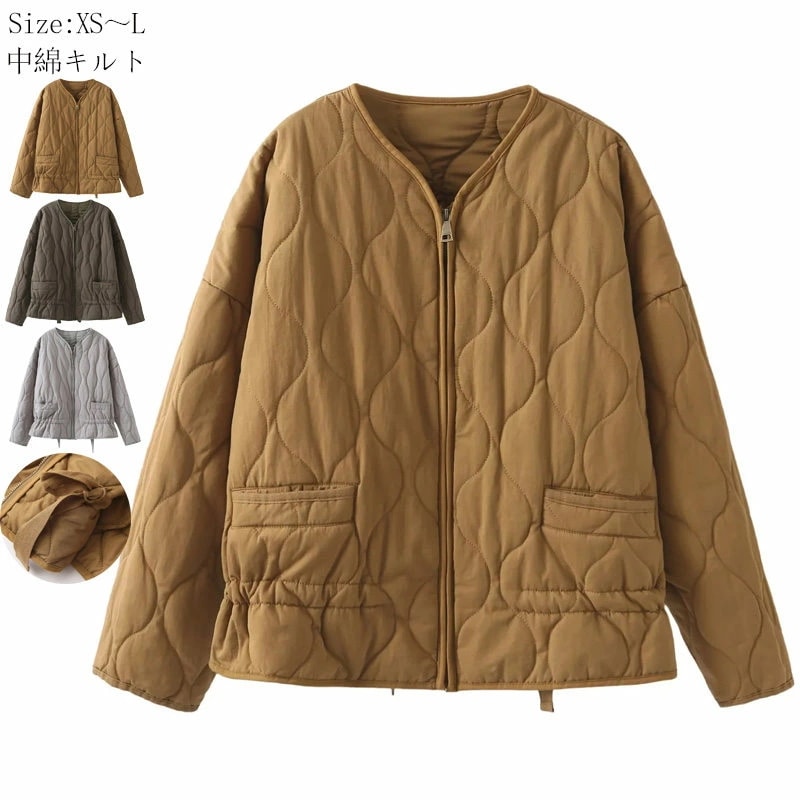 キルティングコート ノーカラー レディース キルティング ジャケット 中綿 秋 冬 アウター ショート丈 キルトジャケット きれいめ キルトコート ジャケット 軽い 防寒 秋冬 ライトアウター 羽織り