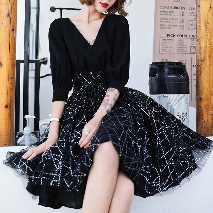 緊急SALE!!!2枚1OO円OFF！イブニングドレ レディース 5分袖 パーティードレス チュール ショート丈 Vネック 袖あり ドレス 7,931円