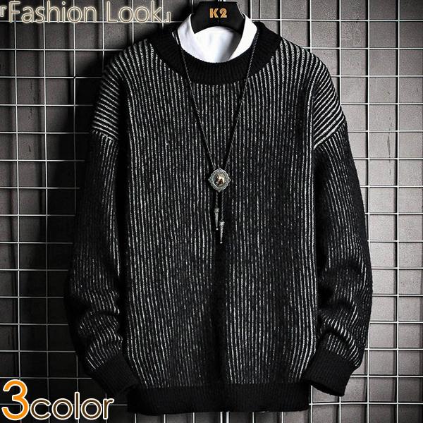 【即納】ニット プルオーバーニット トップス メンズ リブ編み ニットトップス