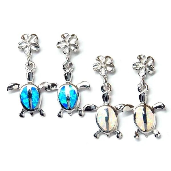 ハワイアンジュエリー スタッドピアス プルメリア 花 ホヌ 海ガメ ブルーオパール 2連 レディース シルバー925 ブルー/ホワイト