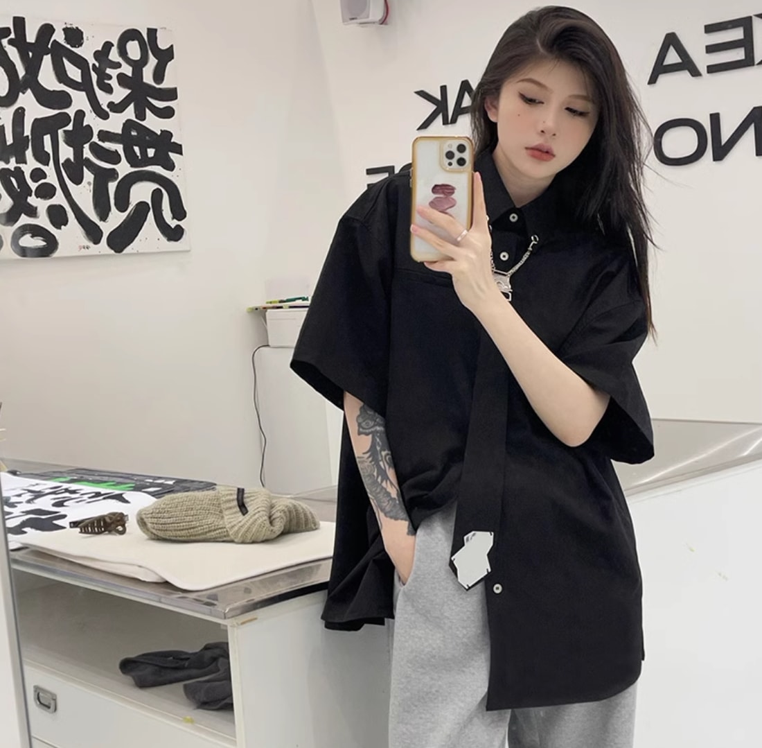 トップス シャツ ブラウス レディース 前開き 半袖 襟付き ネクタイ ネクタイ付き ワイド ストリート ヴィンテージ アメカジ 薄手 シンプル カジュアル おしゃれ こなれ感 メンズライク