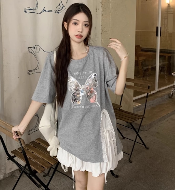 レディース スカート トップス セットアップ チュールスカート ミニスカート Tシャツ ミニ 膝上 半袖 5分袖 ラウンドネック Aライン スリット サイドスリット ハイウエスト スパンコール