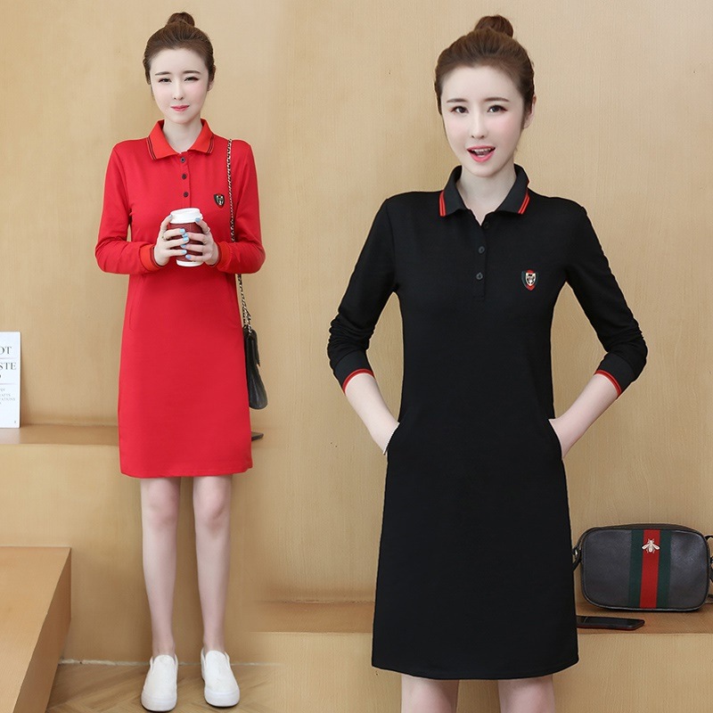 大ヤード運動レジャーポロシャツの春秋翻领長袖のシャツスカート女装ファッションワンピース