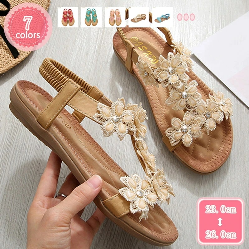 1000円OFFクーポン ビーチ サンダル レディース 痛くない ペタンコ お花 ボヘミアン 歩きやすい アンクルストラップ レディース 春夏 海 リゾート かわいい 柔らかい ビーサン ウェッジソー