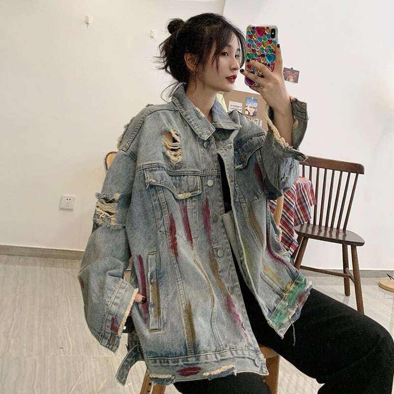 レディース Gジャン 個性的 デニム ジャケット アウター ジージャン ダメージ 穴あき ペイント デザイン 淡色 大人可愛い ママコーデ ママファッション 韓国系 オルチャン 人気 トレンド 新作