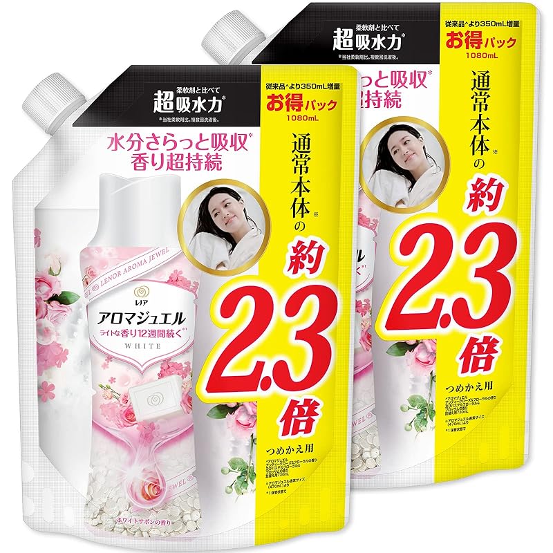 【まとめ買い】 レノア ハピネス アロマジュエル 香り付け専用ビーズ ホワイトサボン 詰め替え 特大 1080mL × 2個