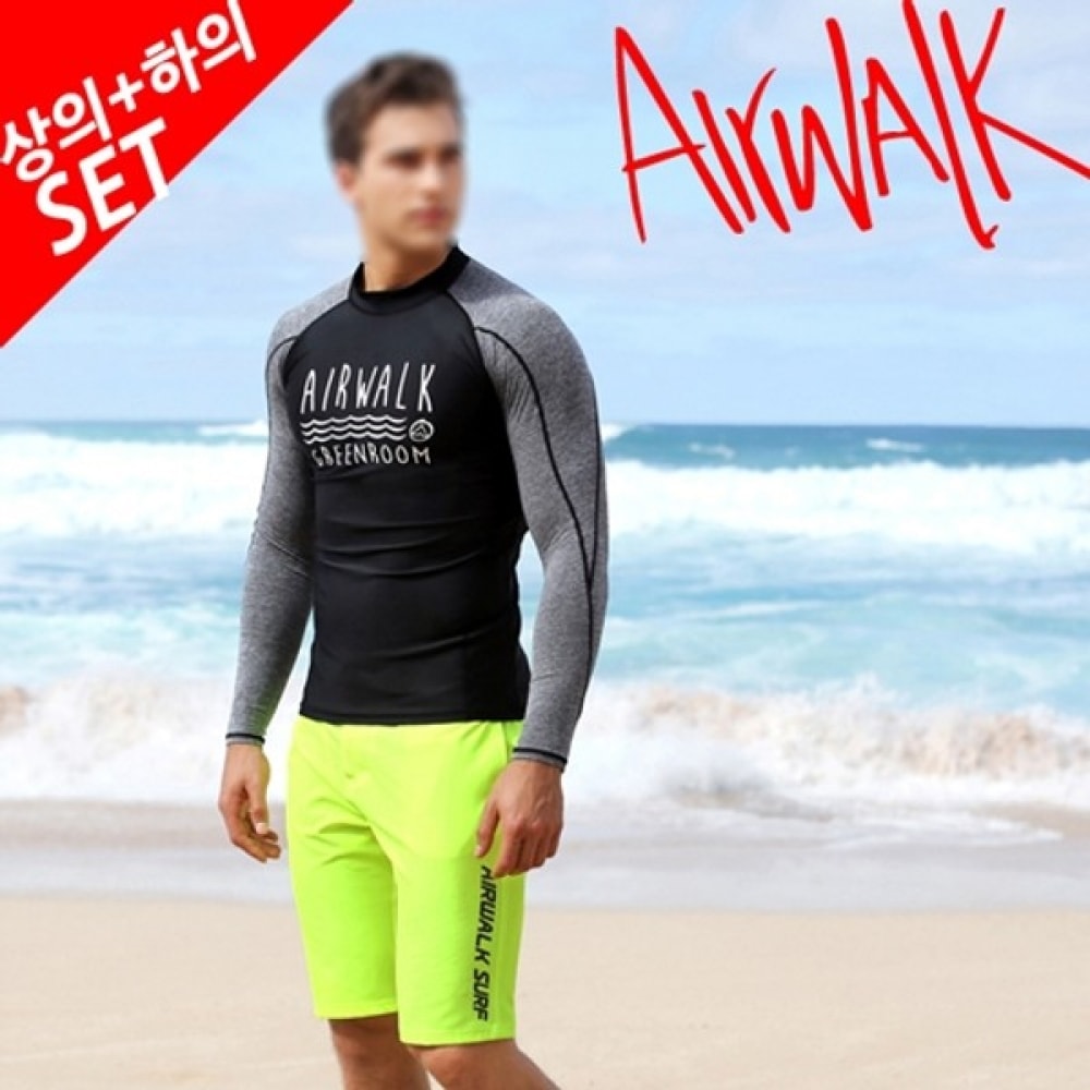 (エアワーク) エアワークサーフメンズラッシュガードセット Yawe5023-BK+LAW0910-NGR /ラッシュガード/フレッシュガード/ビーチウェア/ビーチスイムスーツ