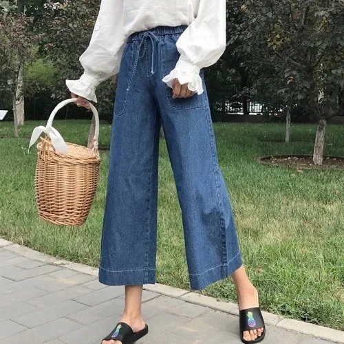 レディース デニム ワイドパンツ クロップド丈 カジュアル ハイウエスト ブルー
