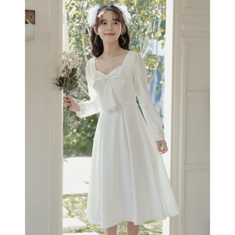 長袖ワンピース ミニドレス 二次会ドレス フォーマルドレス スクエアネックライン パーティードレス ミモレ丈 Aライン 優雅 エレガント ブライダル 演奏会 音楽会 海外挙式 二次会 披露宴 後撮り