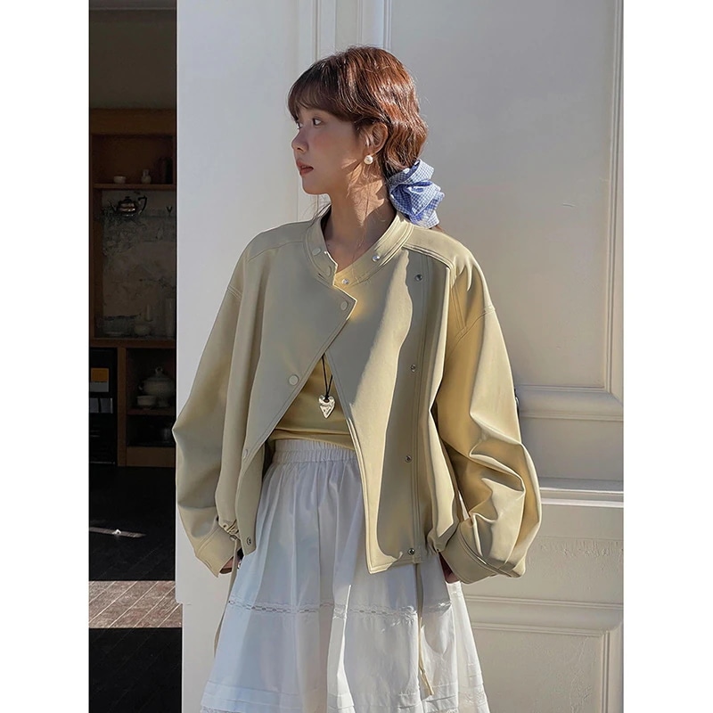 韓国系 通勤用 スタンドカラー レザージャケット ジャケット 女性用 秋物 新作 レトロ バイカーズジャケット ショートジャケット